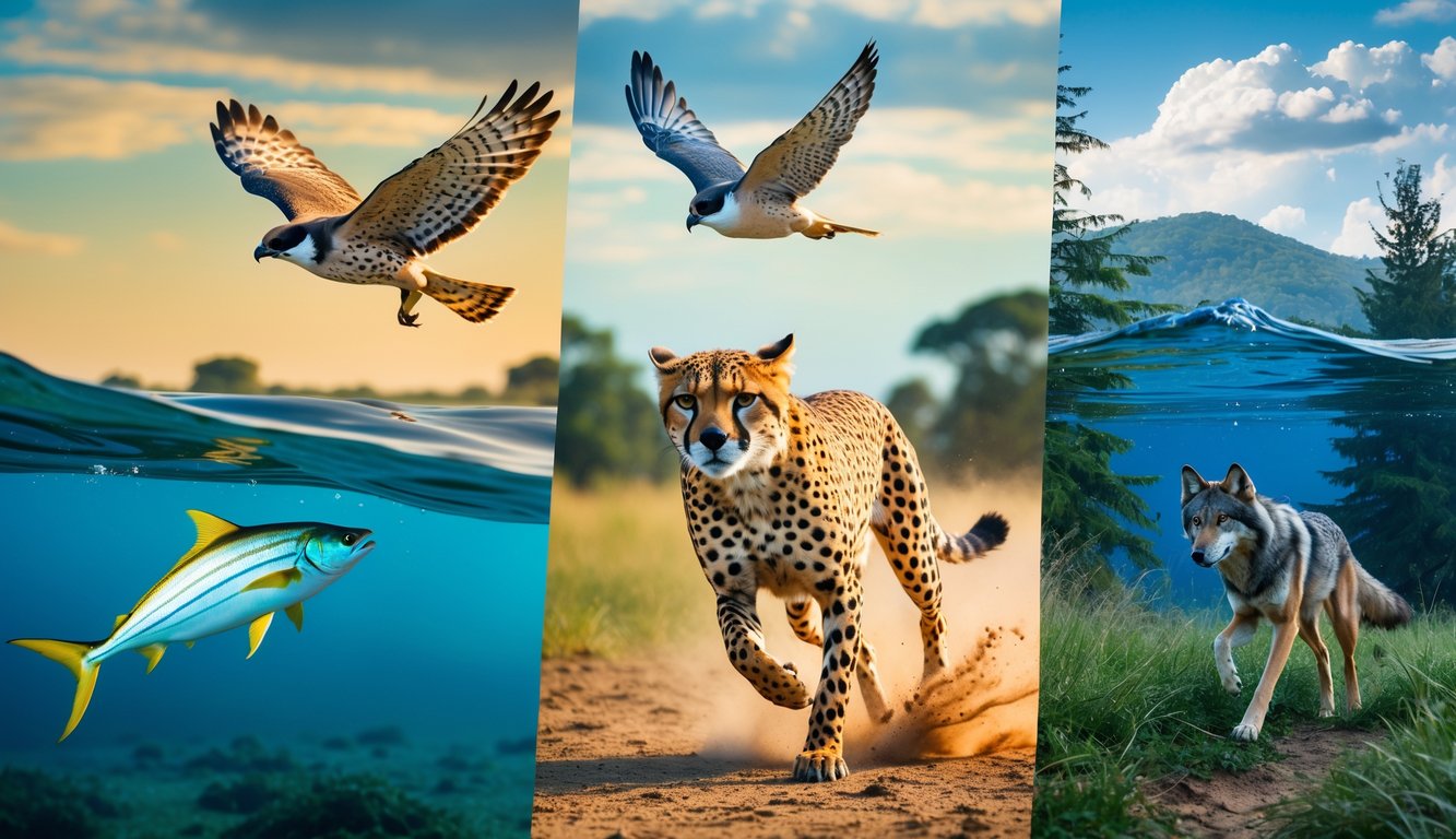 Beberapa hewan predator tercepat di dunia seperti cheetah berlari di savana, burung falcon menyelam dari langit, ikan layaran melompat di laut, dan serigala bergerak di hutan.