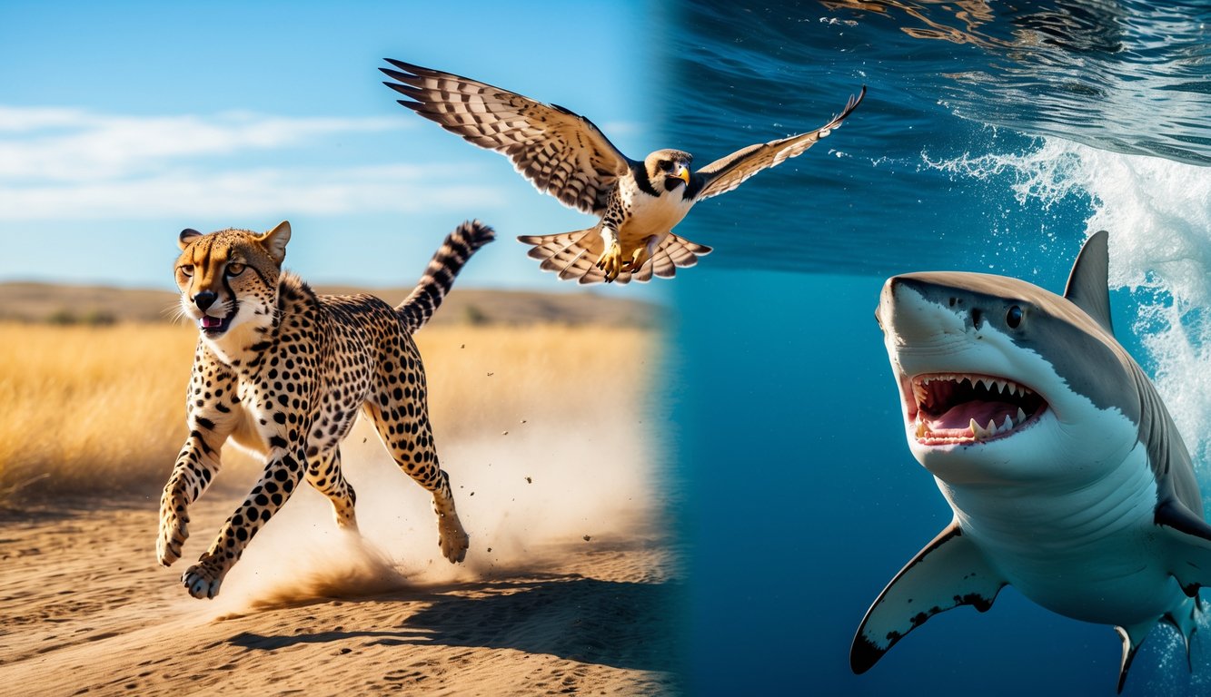 Beberapa hewan predator tercepat seperti cheetah berlari di savana, elang peregrine menyelam dari langit, dan hiu putih besar muncul di permukaan laut.