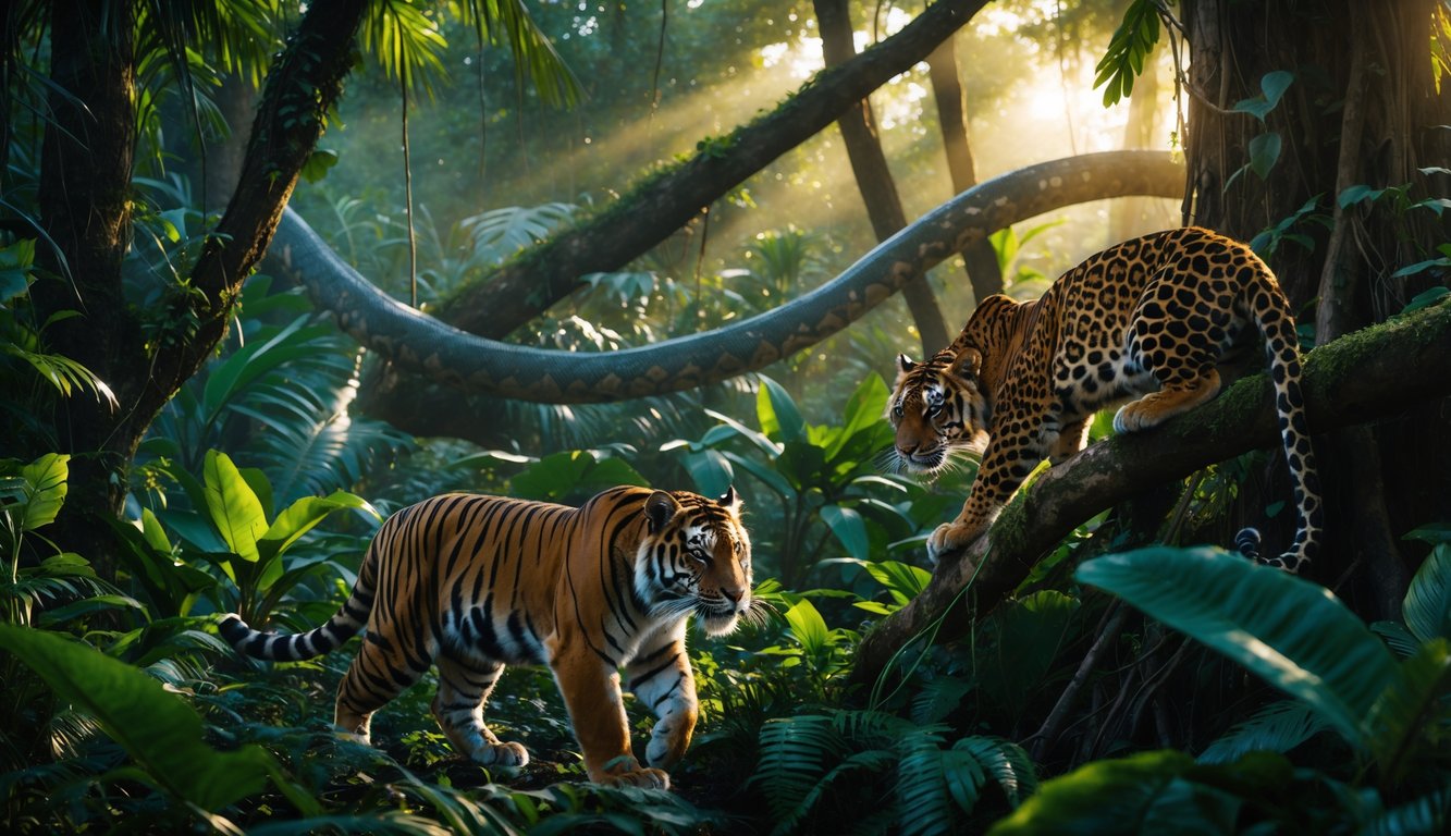 Hutan tropis yang rimbun dengan harimau, macan tutul, dan ular piton sebagai predator utama di alam liar.