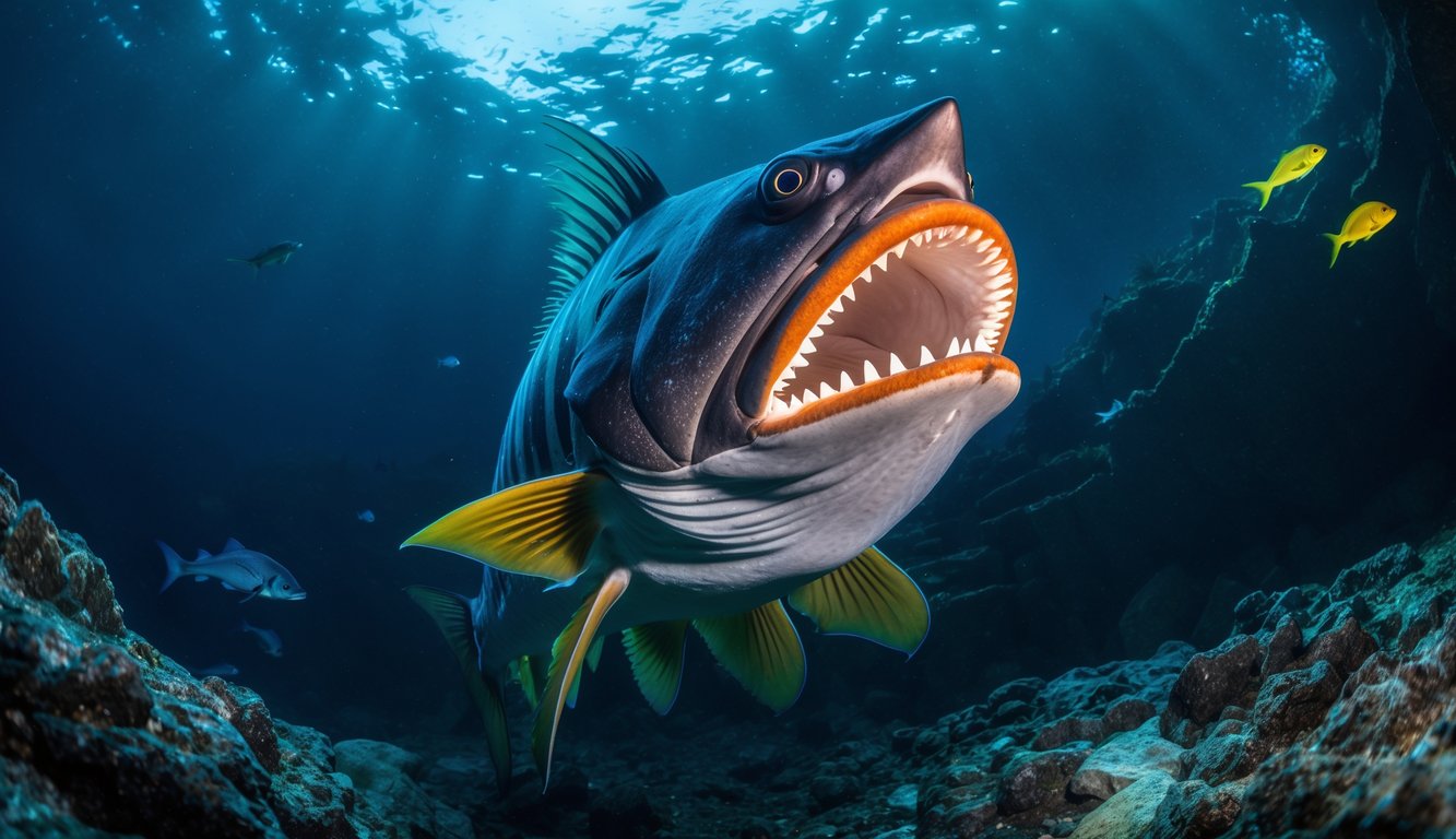 Seekor predator laut dalam dengan fitur bioluminesen yang menyala lemah di kedalaman laut gelap.