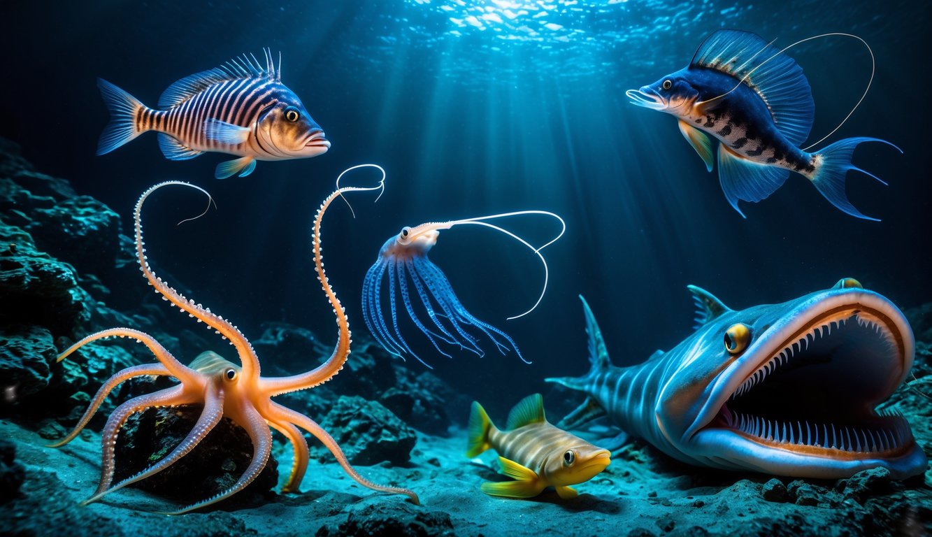 Berbagai hewan predator laut dalam dengan kemampuan unik dan mematikan di habitat bawah laut yang gelap dan bercahaya bioluminesensi.