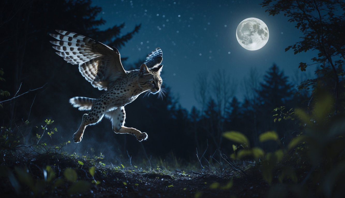 Seekor hewan predator nokturnal sedang berburu di malam hari di hutan gelap dengan bulan purnama di latar belakang.