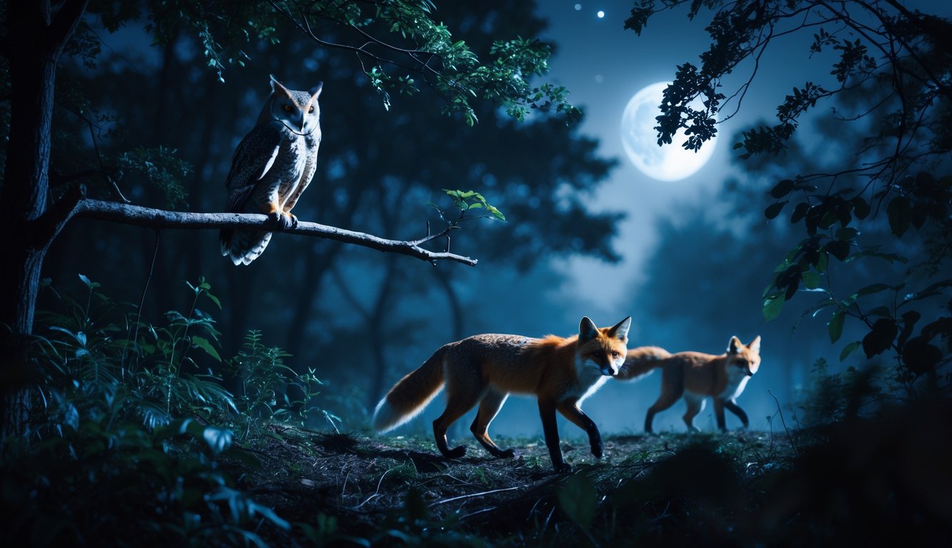 Beberapa hewan predator nokturnal seperti burung hantu, rubah, dan kucing liar sedang berburu di hutan gelap pada malam hari.