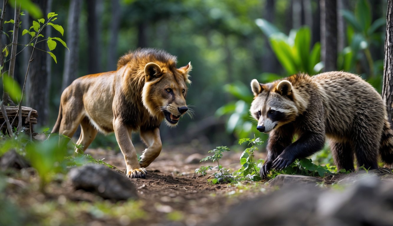 Pemandangan hutan dengan seekor hewan predator sedang berburu dan seekor hewan omnivora sedang mencari makanan.