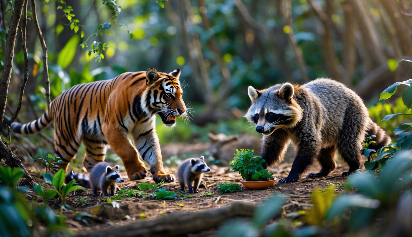 Seekor hewan predator sedang berburu di hutan, sementara seekor hewan omnivora sedang mencari makanan di sekitarnya.