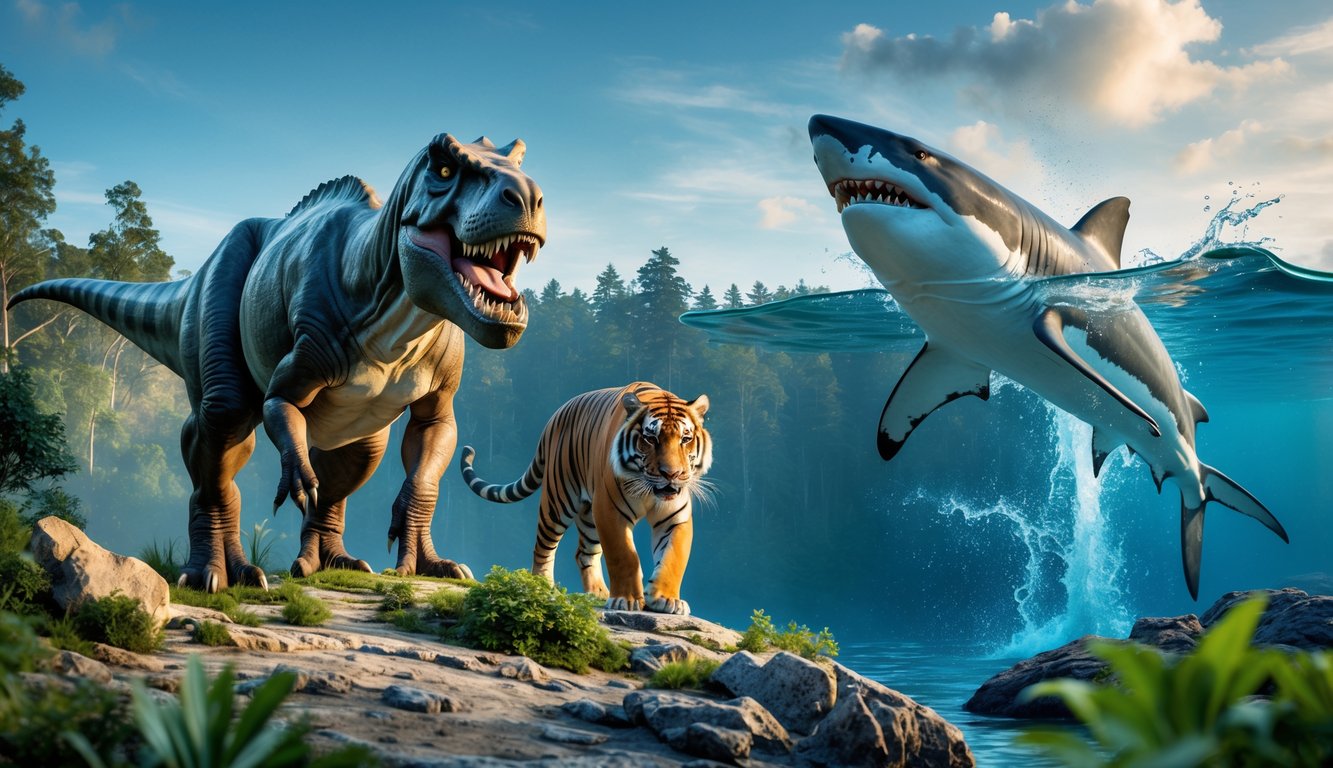 Beberapa hewan predator terbesar dari berbagai zaman, termasuk Tyrannosaurus rex, harimau bertaring pedang, dan hiu putih besar di lingkungan alami yang berbeda.