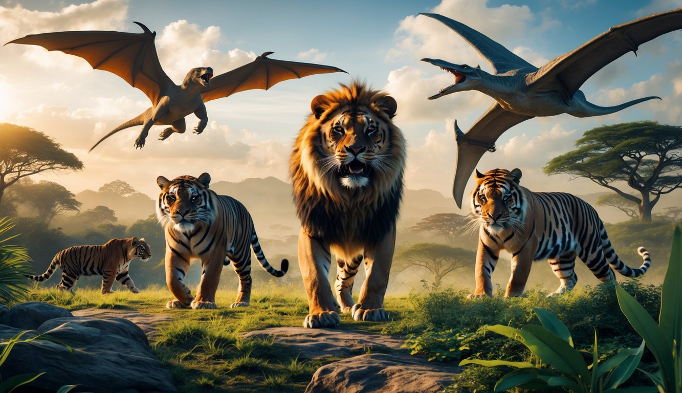 Beberapa hewan predator terbesar di dunia dari berbagai zaman berkumpul di lingkungan alami yang beragam dengan latar belakang hutan dan langit terbuka.