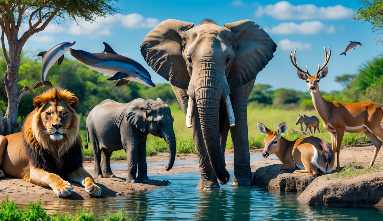 Berbagai jenis hewan mamalia seperti singa, gajah, lumba-lumba, dan rusa di habitat alami mereka.