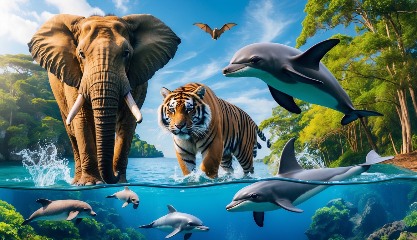 Berbagai hewan mamalia dari darat, laut, dan udara seperti gajah, harimau, lumba-lumba, anjing laut, kelelawar, dan tupai terbang dalam satu pemandangan alam yang alami.