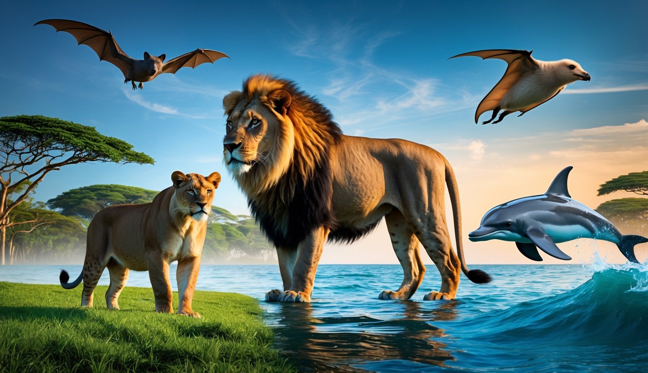 Berbagai jenis mamalia dari darat, laut, dan udara, termasuk singa di savana, lumba-lumba di laut, dan kelelawar terbang di langit senja.
