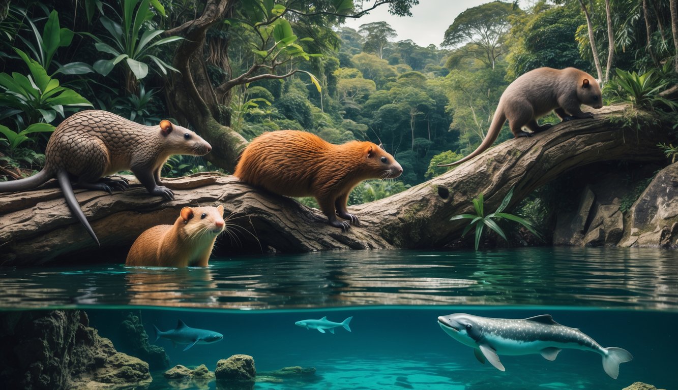 Berbagai jenis hewan mamalia unik di habitat alami mereka, termasuk platipus, trenggiling, fossa, narwhal, dan sugar glider.