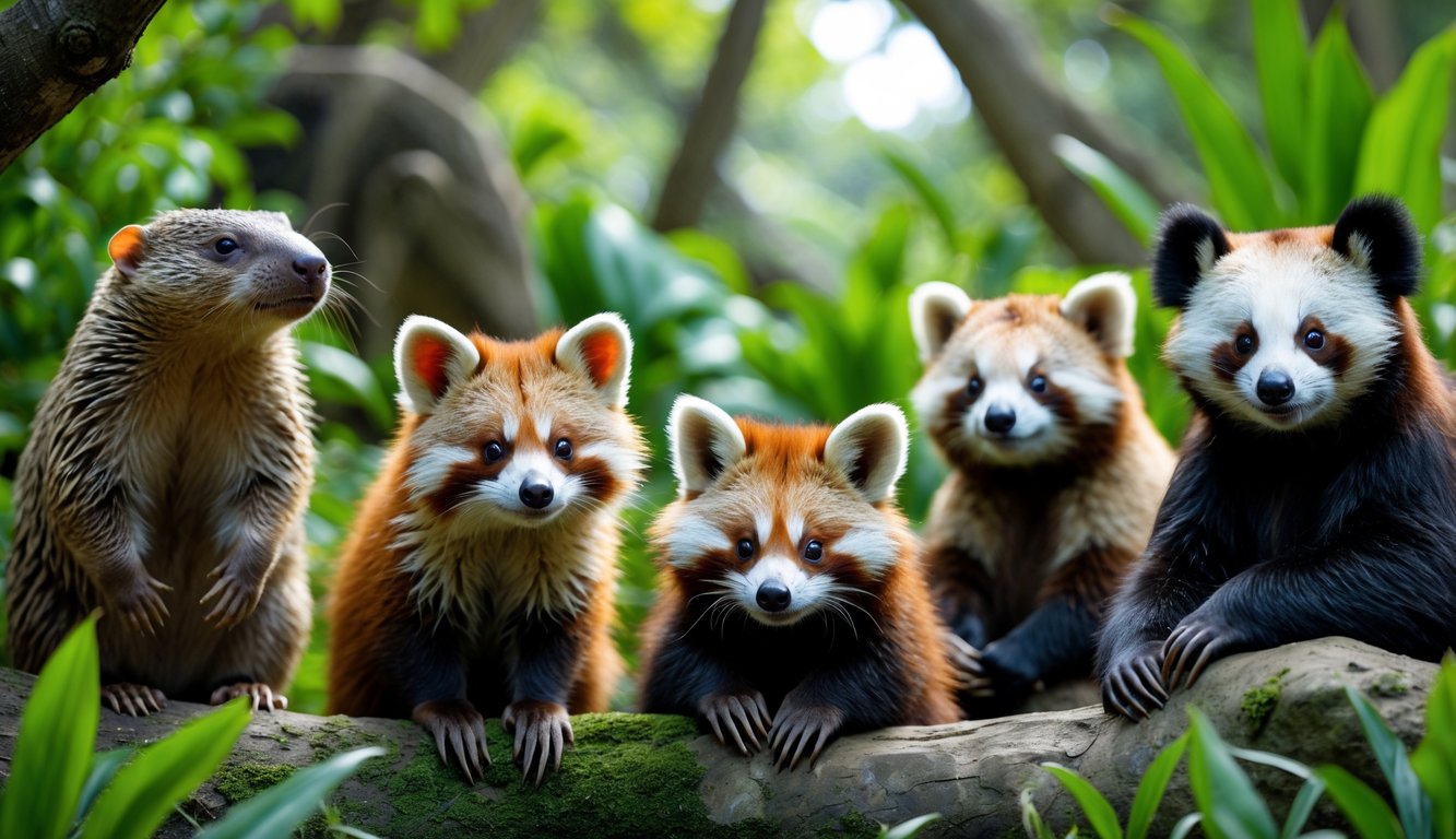 Berbagai jenis hewan mamalia unik dari seluruh dunia berkumpul di lingkungan alami yang hijau dan rimbun.