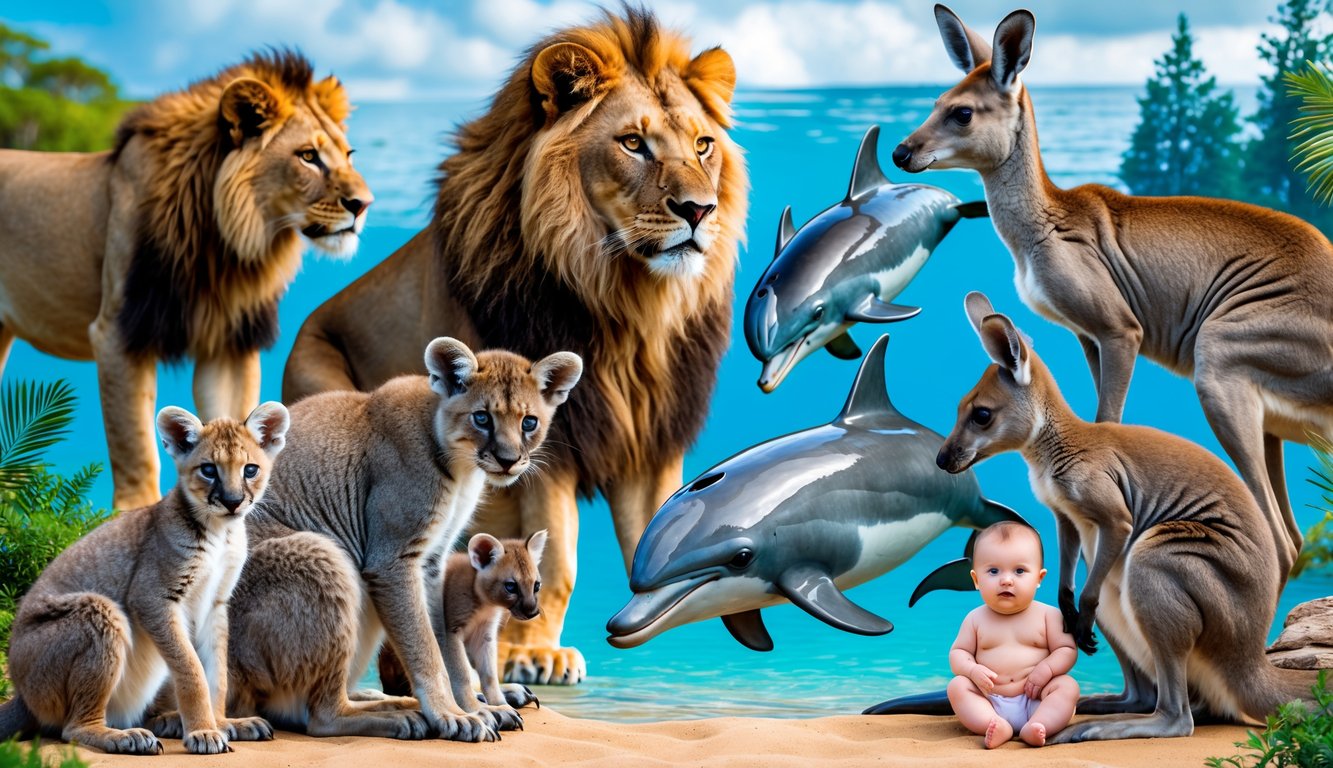 Berbagai mamalia seperti singa dengan anaknya, lumba-lumba dengan anaknya di air, kanguru dengan anak di kantong, dan keluarga manusia dengan bayi, dalam habitat alami yang berbeda.