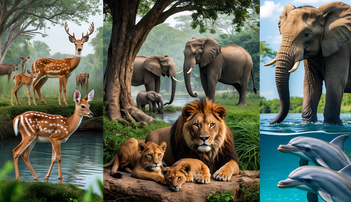 Berbagai jenis hewan mamalia seperti rusa dengan anaknya di hutan, keluarga gajah di dekat sumber air, singa betina dengan anak-anaknya di bawah pohon, dan pasangan lumba-lumba berenang di air jernih.