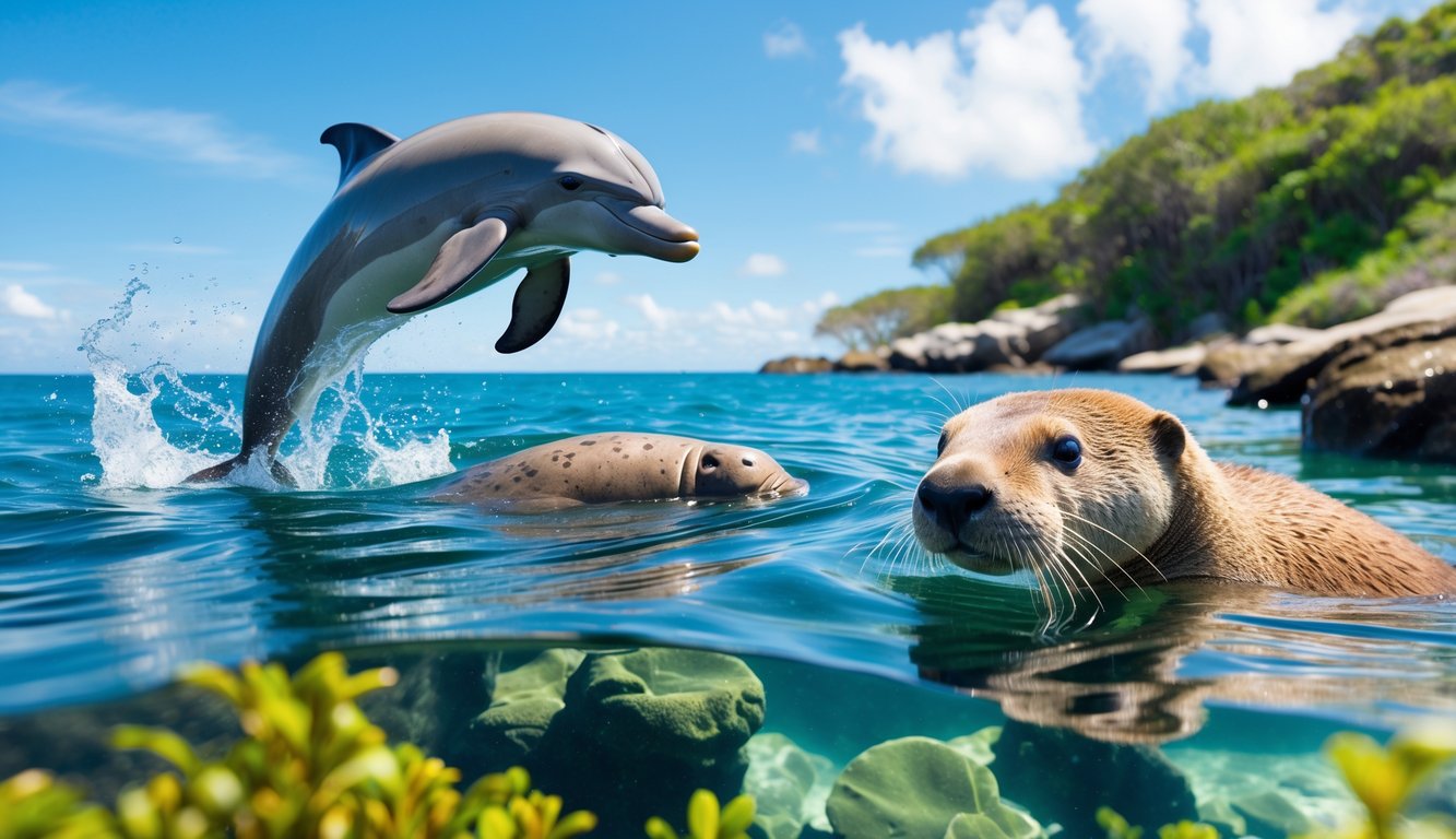 Berbagai mamalia air seperti lumba-lumba, manat, dan berang-berang di habitat alami mereka dengan air laut dan vegetasi sekitar.