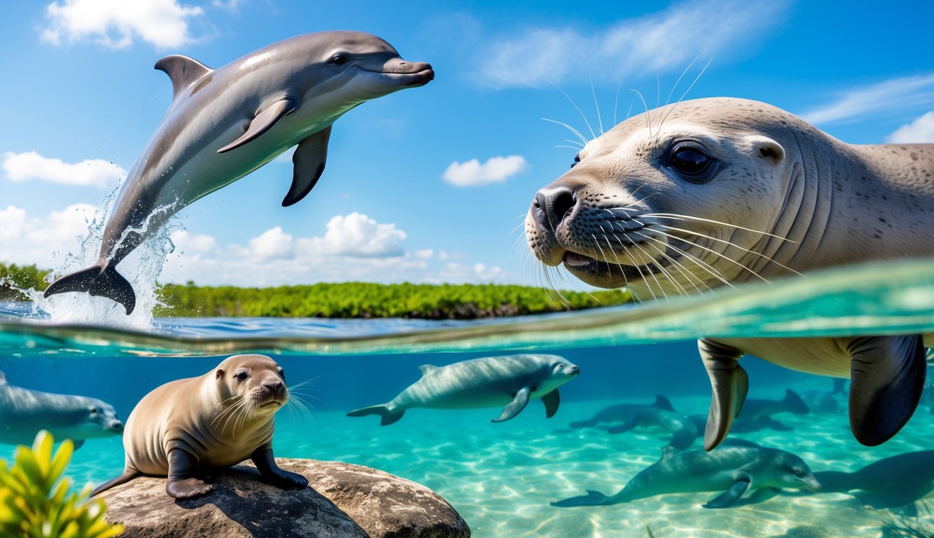 Berbagai mamalia air seperti lumba-lumba, anjing laut, dan dugong di habitat air alami mereka dengan latar belakang vegetasi pantai dan langit biru.