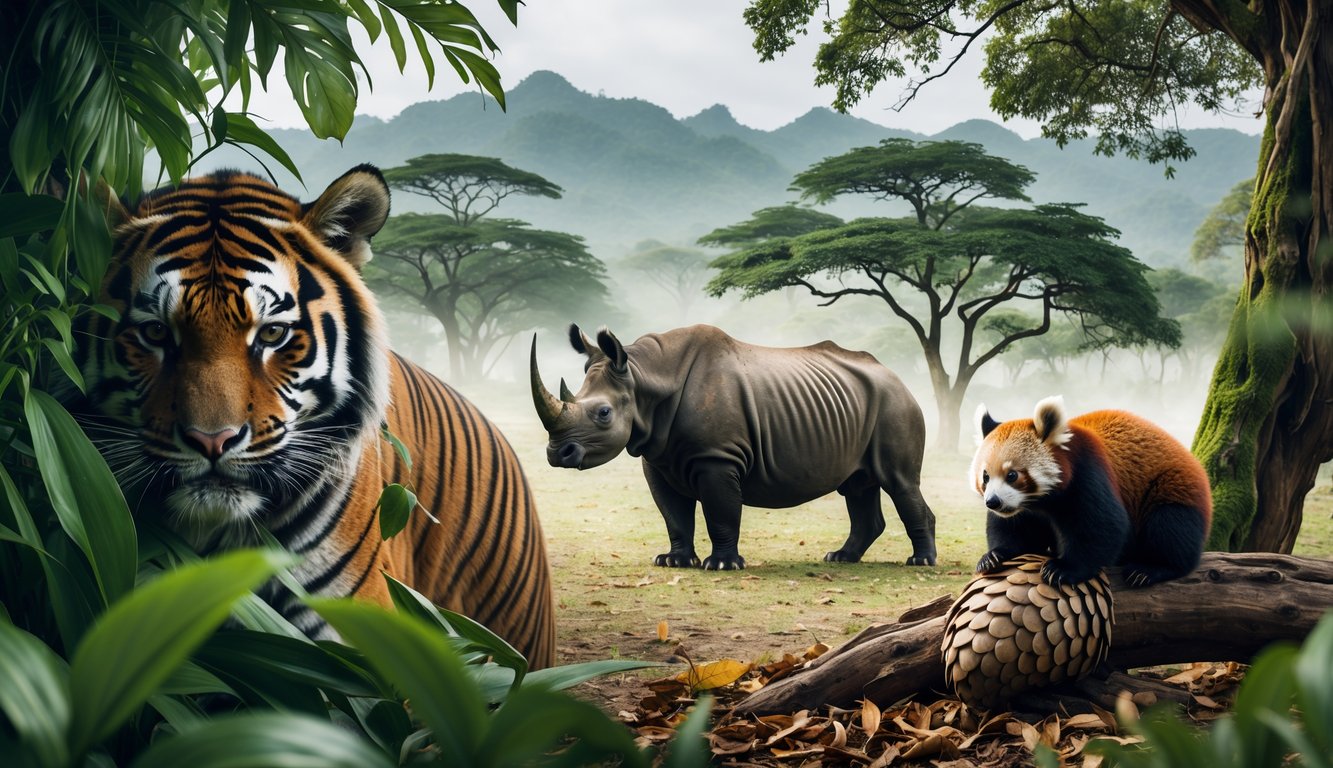 Berbagai hewan mamalia langka dan terancam punah seperti harimau sumatra, badak hitam, panda merah, dan trenggiling di habitat alaminya.