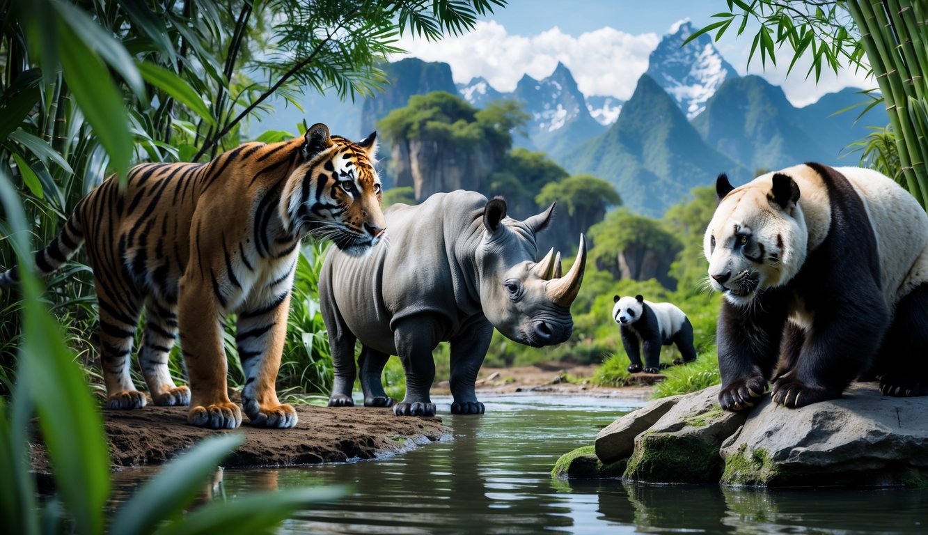 Beberapa hewan mamalia langka dan terancam punah seperti harimau sumatera, badak hitam, macan tutul salju, dan panda raksasa di habitat alami mereka.