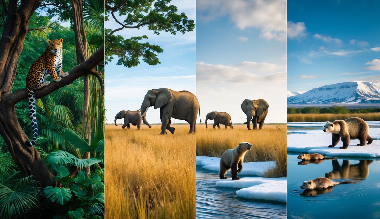 Berbagai jenis hewan mamalia di habitat yang berbeda seperti hutan hujan tropis, savana, arktik bersalju, dan lahan basah dengan hewan-hewan yang sesuai di masing-masing lingkungan.