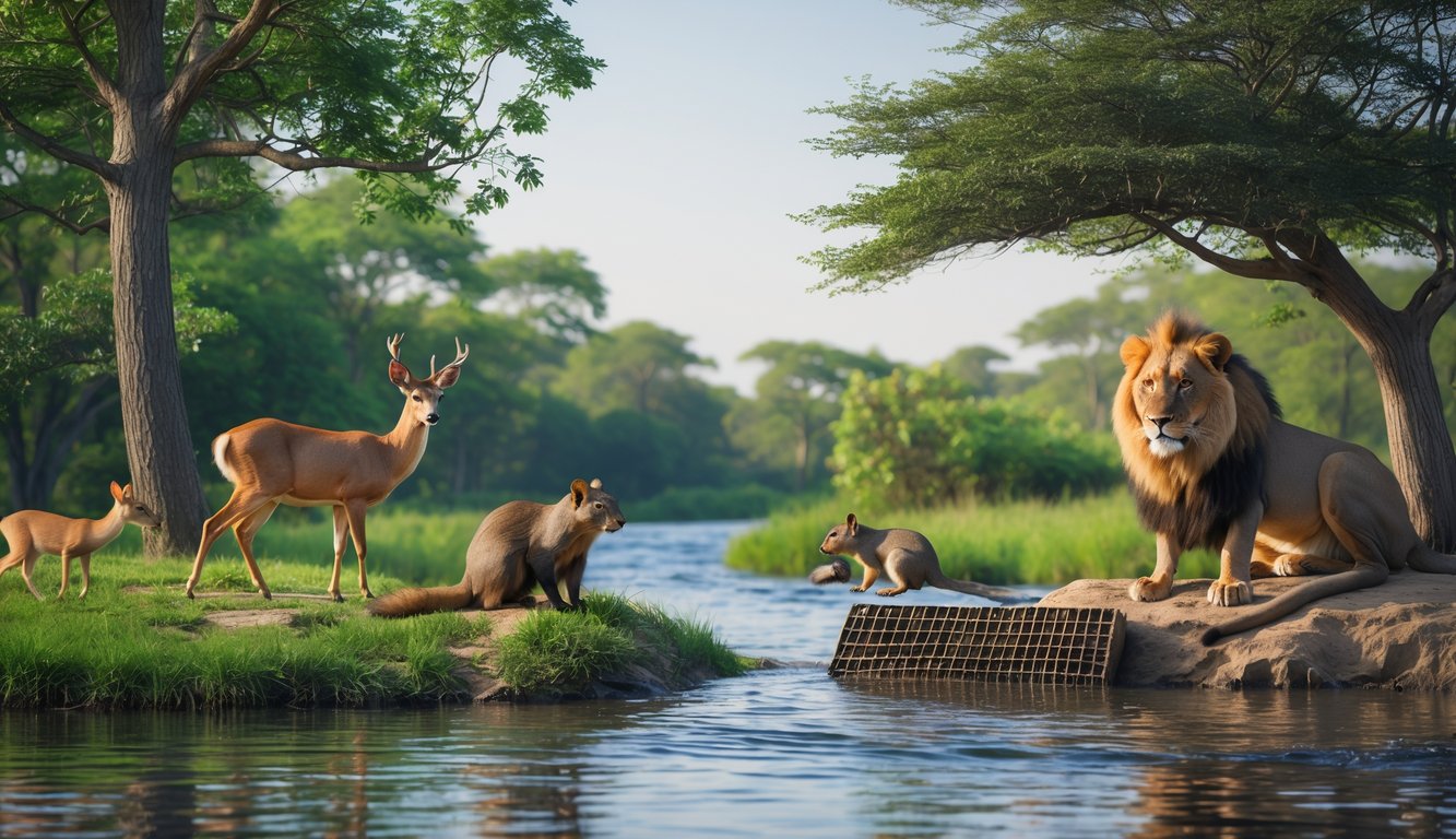 Berbagai jenis hewan mamalia di habitat yang berbeda seperti hutan, tepi sungai, dan savana.
