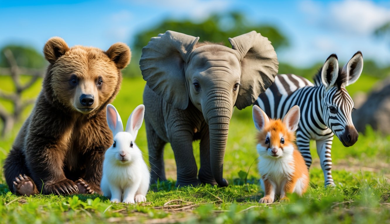 Sekelompok hewan mamalia muda seperti beruang, gajah, rubah, kelinci, dan zebra di lingkungan alami yang cerah dan hijau.