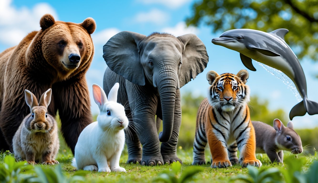 Berbagai hewan mamalia seperti beruang, kelinci, anak gajah, anak harimau, dan lumba-lumba di lingkungan alam yang hijau dan cerah.