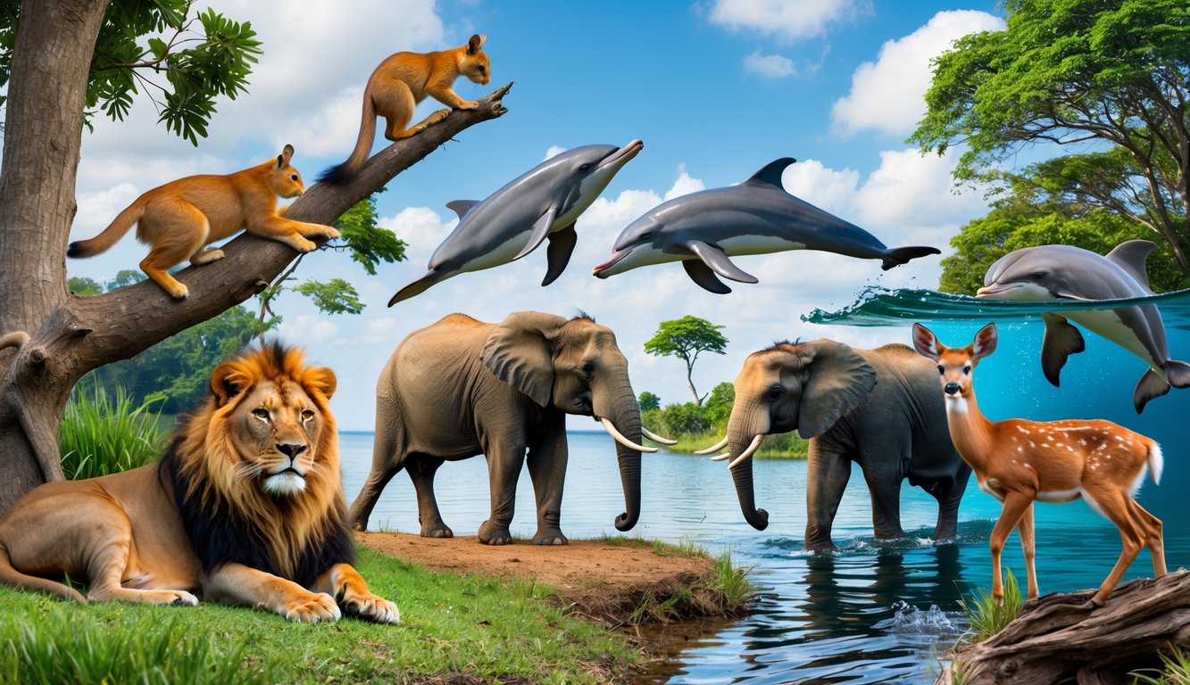 Berbagai jenis hewan mamalia seperti singa, gajah, lumba-lumba, tupai, dan rusa di habitat alami mereka.