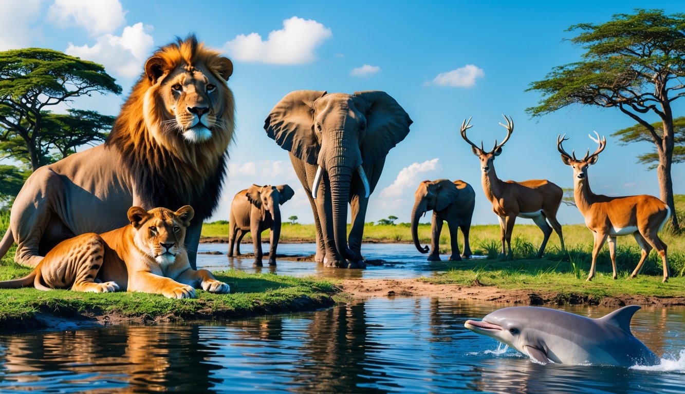 Berbagai hewan mamalia seperti singa, gajah dengan anaknya, rusa di hutan, dan lumba-lumba di laut dalam satu pemandangan alam.