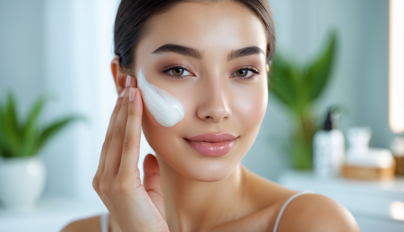 Seorang wanita muda sedang mengoleskan krim wajah dengan kulit cerah dan bercahaya alami.