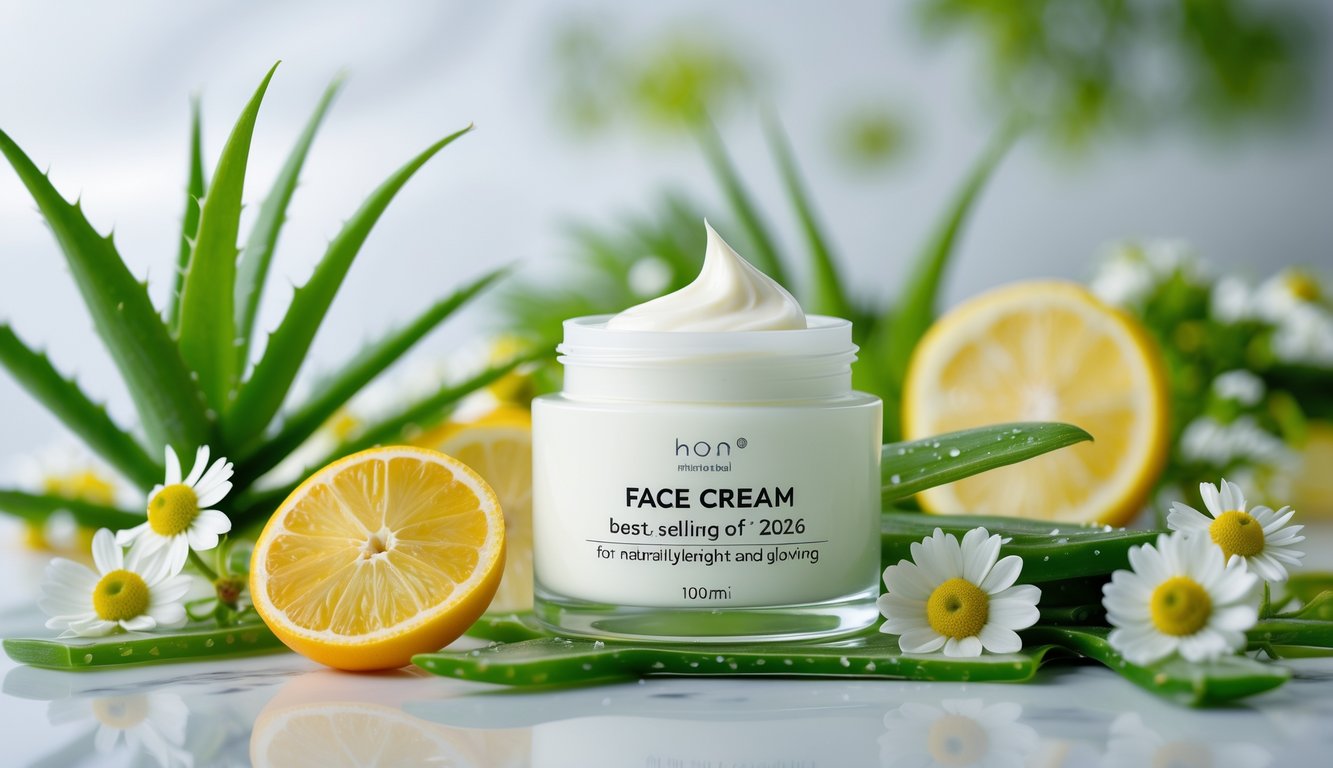 Botol krim wajah di atas permukaan marmer putih dengan bahan alami seperti daun lidah buaya dan bunga kamomil di sekitarnya.