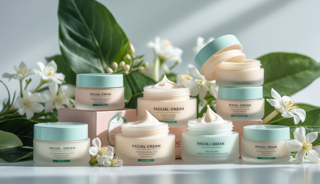 Beberapa krim wajah dengan kemasan pastel diletakkan di atas permukaan putih dengan daun hijau dan bunga putih di sekitarnya.