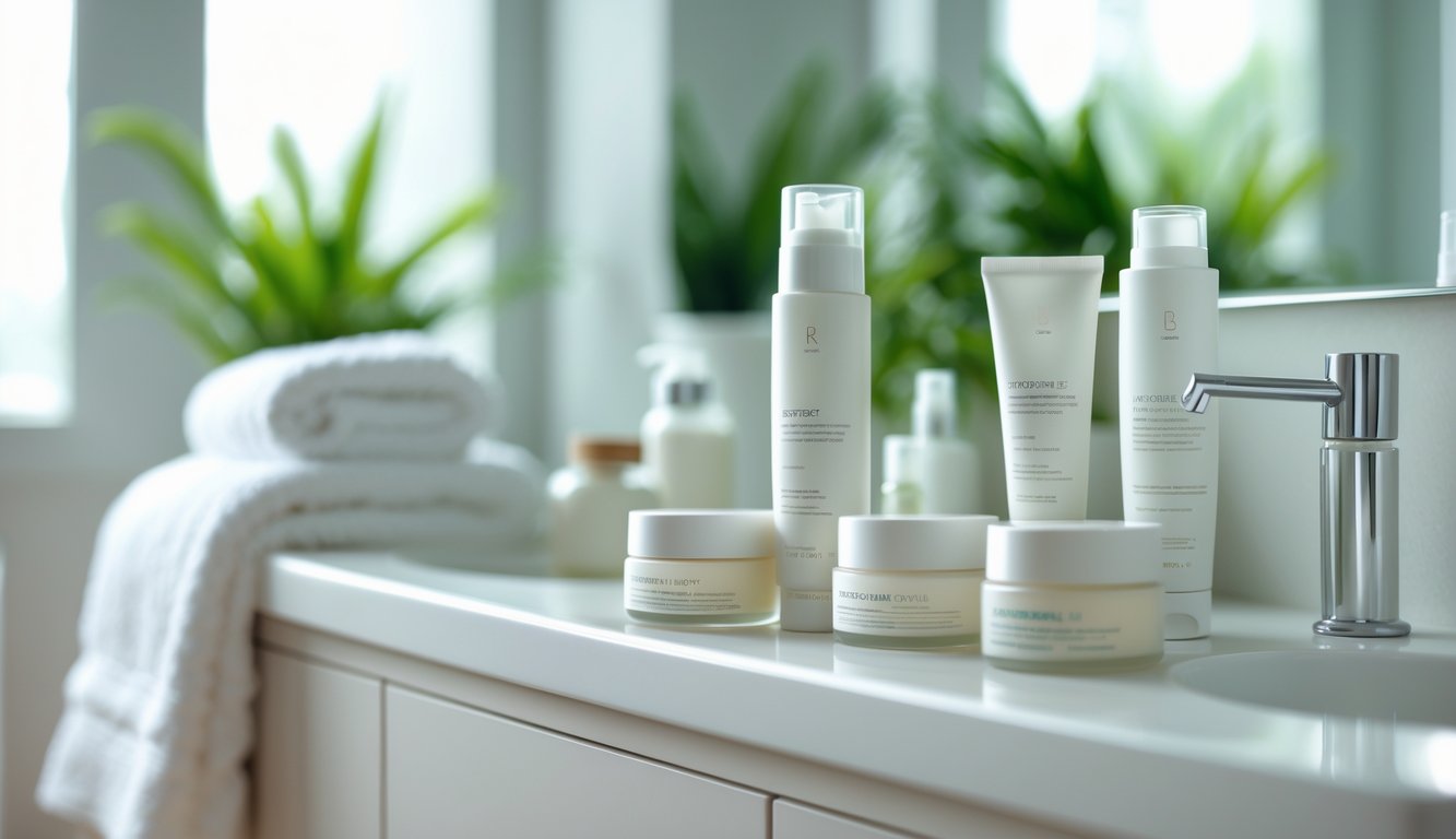 Meja rias dengan produk krim wajah yang rapi dan tanaman hijau di latar belakang.