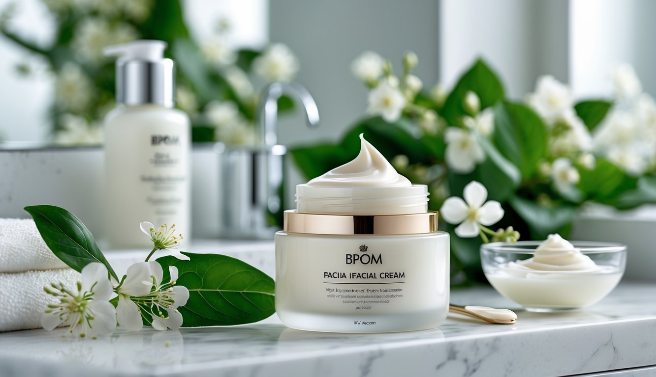 Sebuah krim wajah dalam wadah elegan diletakkan di atas meja marmer dengan daun hijau dan bunga putih di sekitarnya.