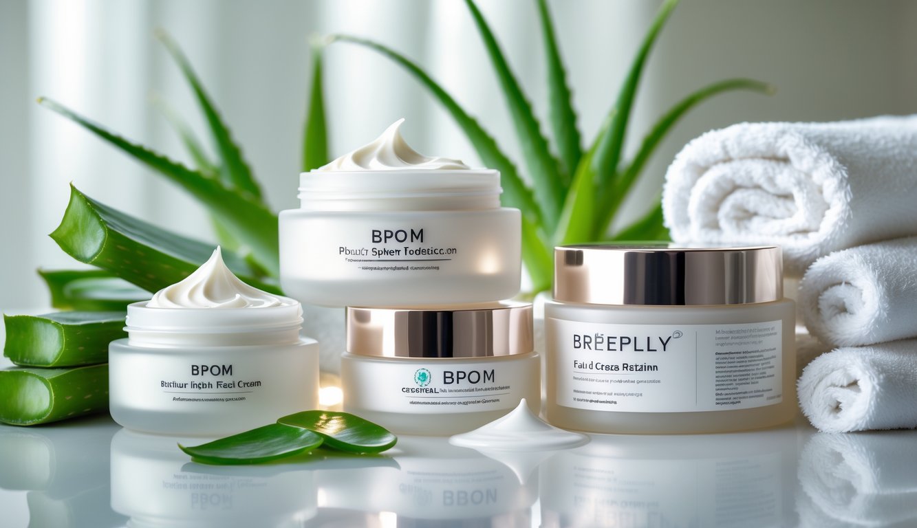 Berbagai produk krim wajah populer dengan sertifikasi BPOM yang ditata rapi di atas permukaan putih dengan daun hijau dan handuk putih di sekitarnya.