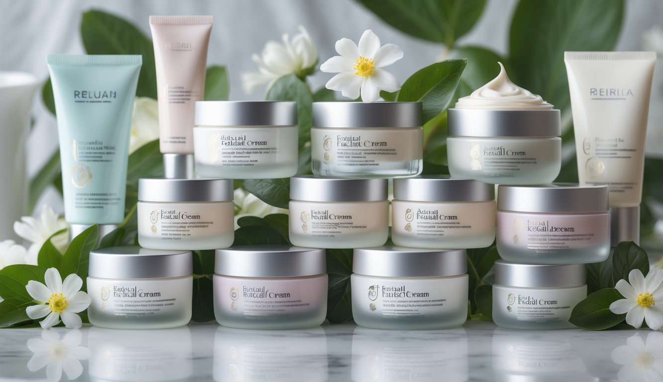 Sepuluh produk krim wajah dengan kemasan modern disusun rapi di atas permukaan marmer putih, dikelilingi daun hijau dan bunga putih.