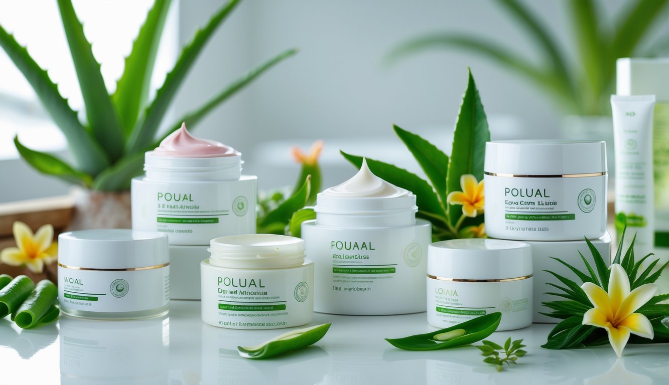 Beberapa produk krim wajah diletakkan rapi di atas permukaan putih dengan latar belakang spa yang samar dan bahan alami di sekitarnya.