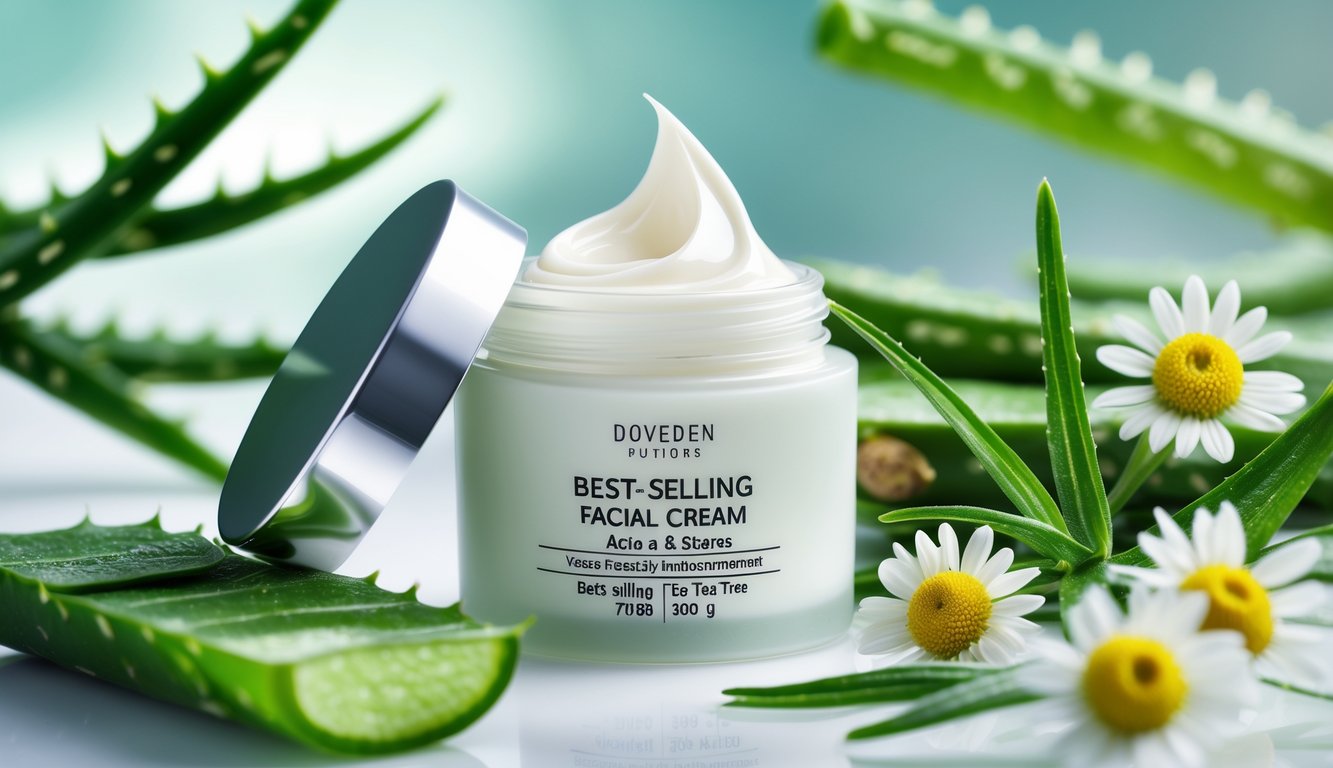 Produk krim wajah dengan bahan alami di sekitar, ditampilkan di atas permukaan bersih dengan pencahayaan alami.