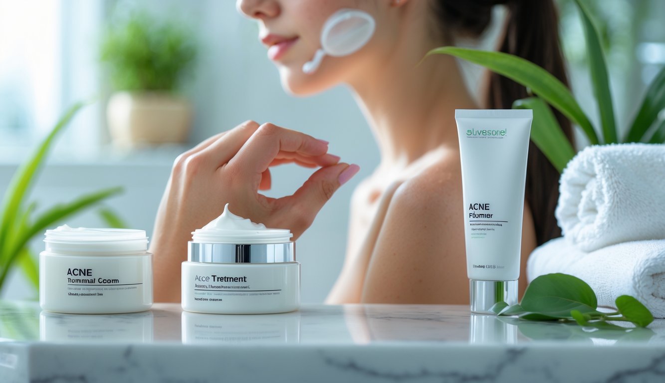 Seorang wanita sedang mengaplikasikan krim wajah di kamar mandi dengan produk perawatan kulit di meja.