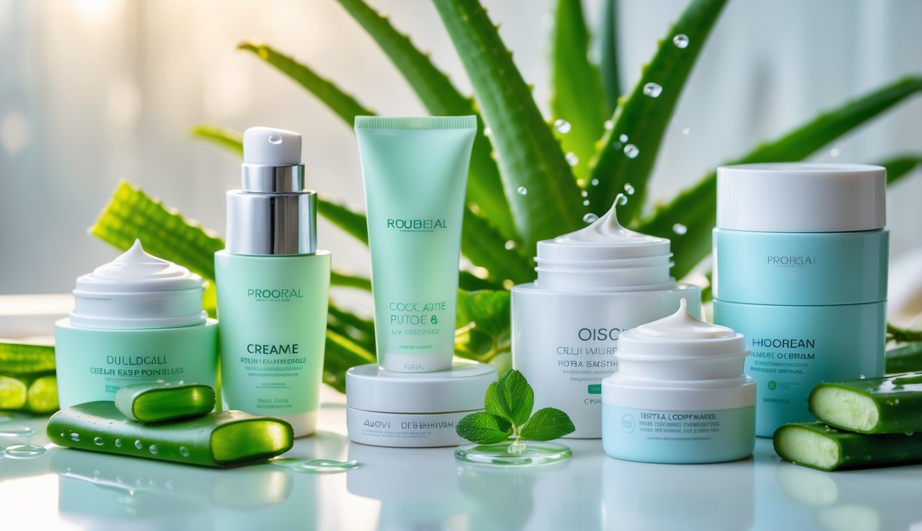 Beberapa krim wajah dalam wadah elegan diletakkan di atas permukaan putih dengan daun hijau dan potongan lidah buaya di sekitarnya.