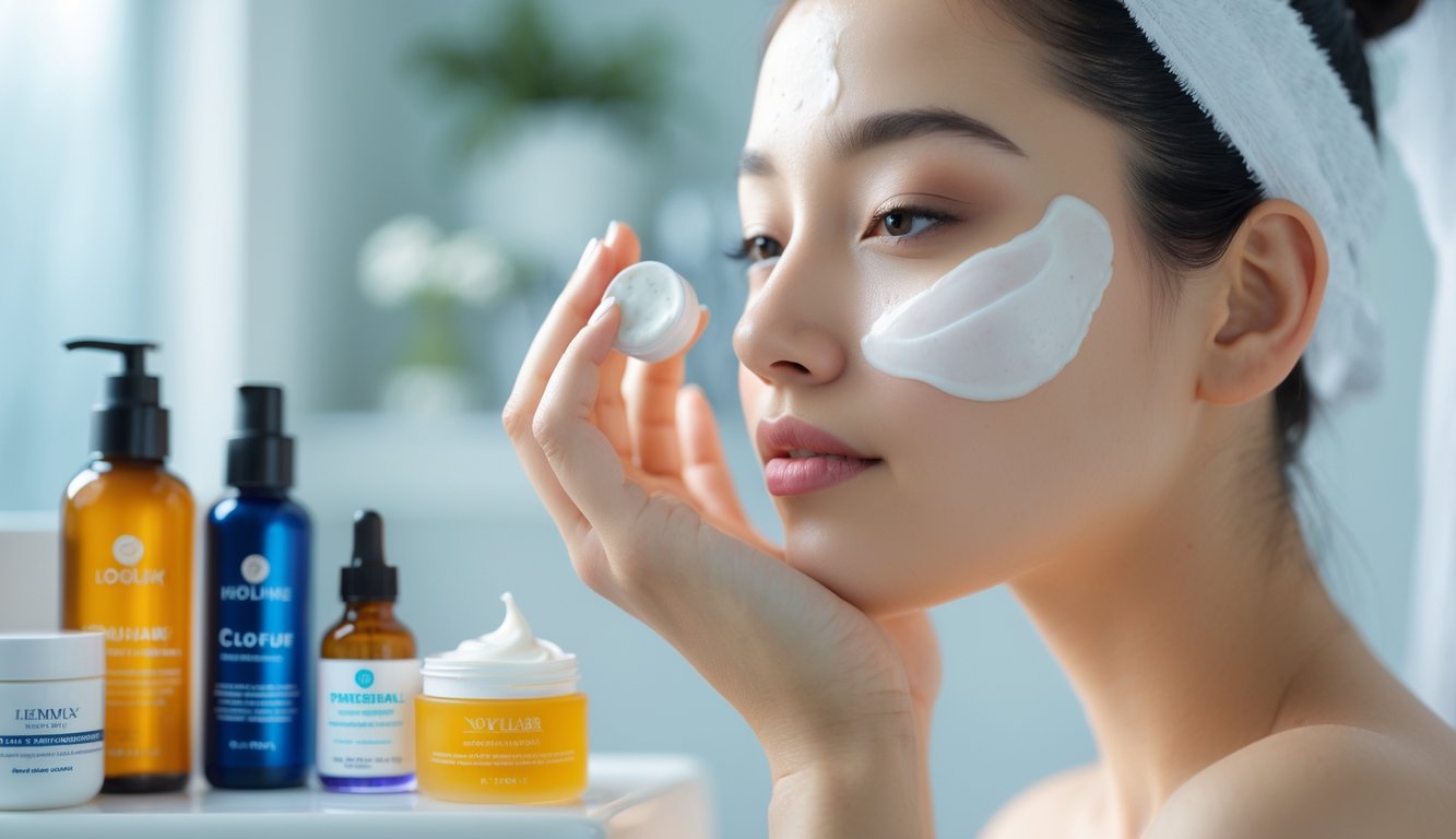 Seorang wanita muda sedang mengaplikasikan krim wajah di muka dengan latar kamar mandi yang terang dan produk perawatan kulit di sekitarnya.