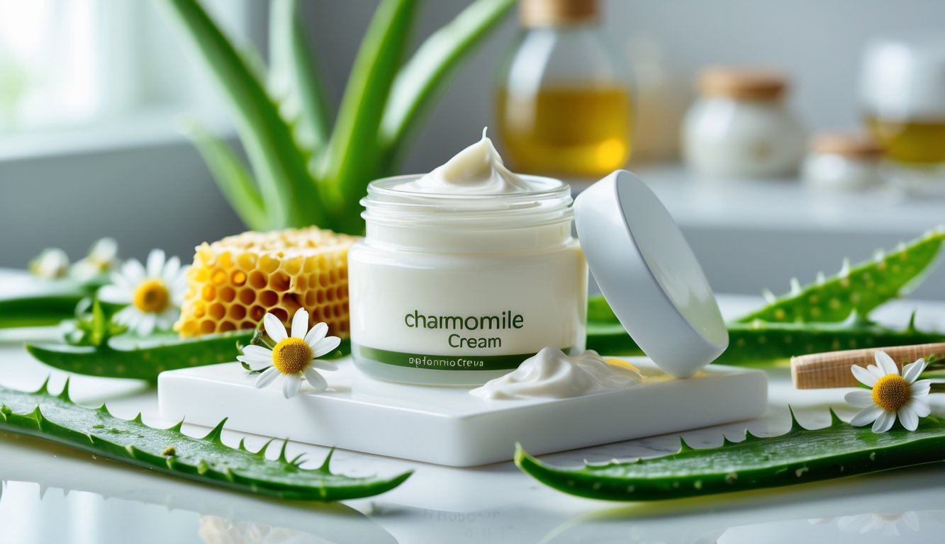 Pot krim wajah terbuka dengan krim putih di dalamnya, dikelilingi oleh daun hijau dan bahan alami seperti lidah buaya dan bunga chamomile.