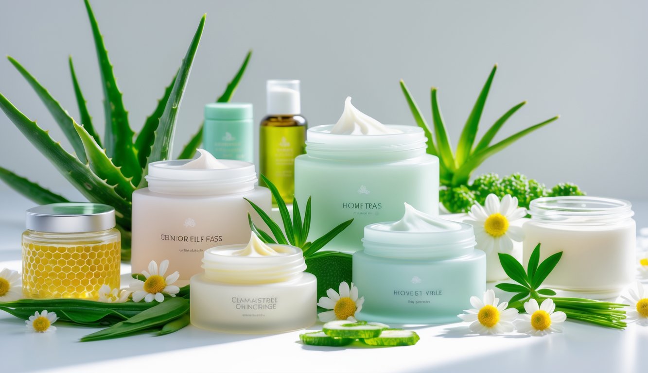 Beberapa krim wajah alami yang diletakkan di atas permukaan putih dengan tanaman dan bahan alami di sekitarnya.