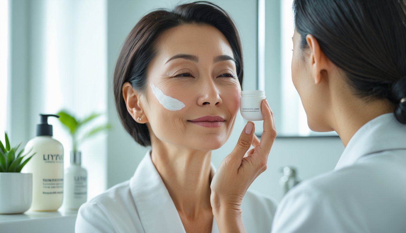 Seorang wanita Asia paruh baya sedang mengoleskan krim wajah di wajahnya di kamar mandi yang terang dan bersih.