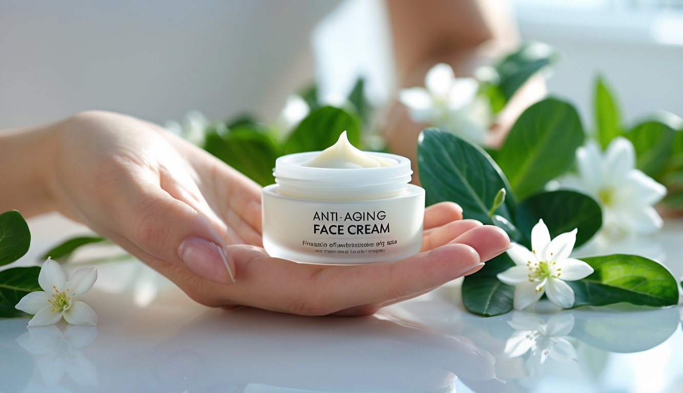 Tangan wanita memegang krim wajah anti aging dengan latar belakang bahan alami dan permukaan putih bersih.