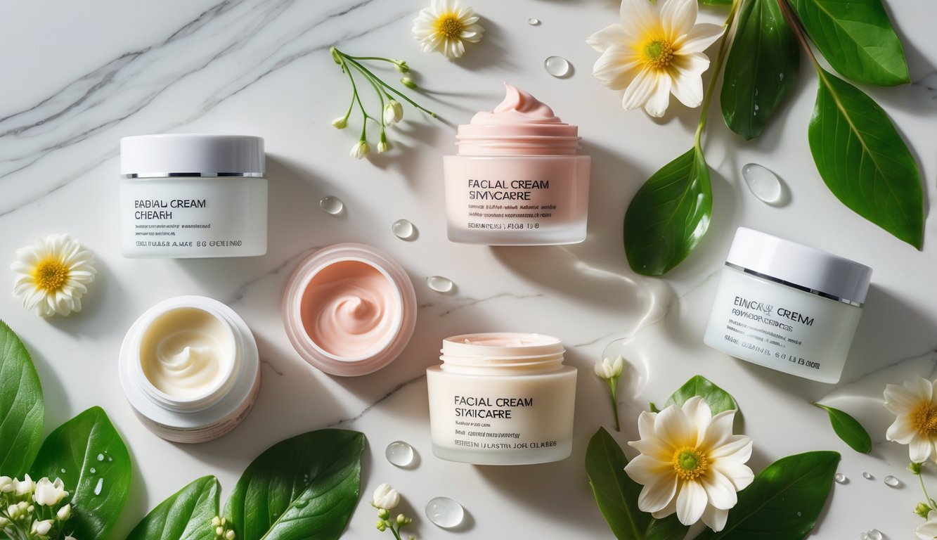 Foto produk krim wajah populer yang direkomendasikan oleh ahli kecantikan, dengan kemasan rapi di atas permukaan marmer dan hiasan daun hijau serta bunga kecil.