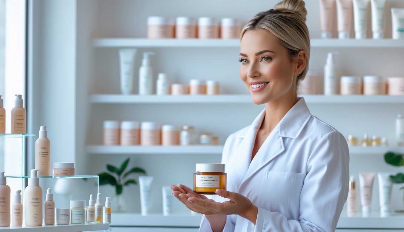 Seorang ahli kecantikan di klinik perawatan kulit yang terang memegang krim wajah populer sambil tersenyum.