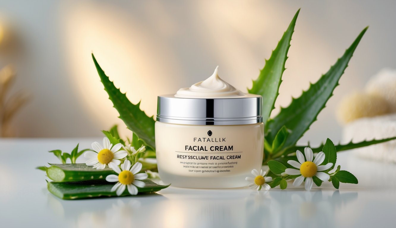 Sebuah toples krim wajah di atas permukaan putih dengan bahan alami segar di sekitarnya.