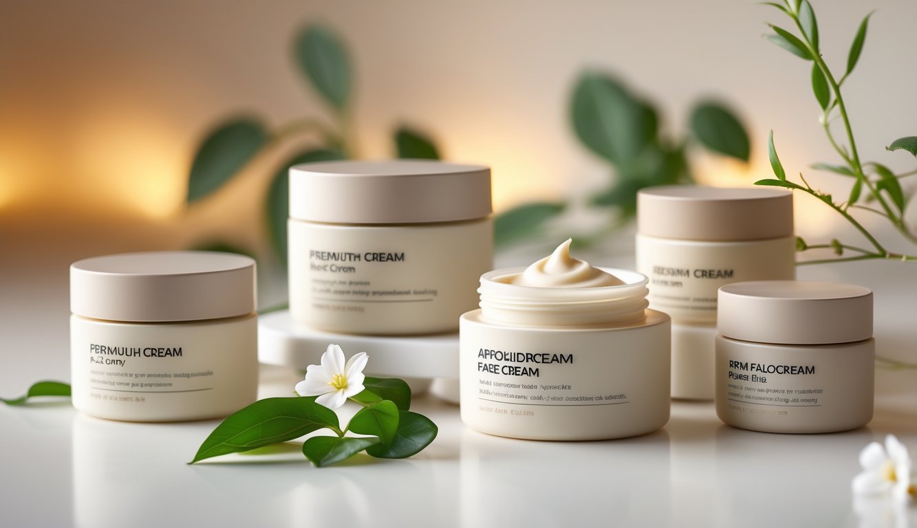 Beberapa produk krim wajah dengan kemasan sederhana dan elegan di atas permukaan putih, dikelilingi daun hijau dan bunga kecil.