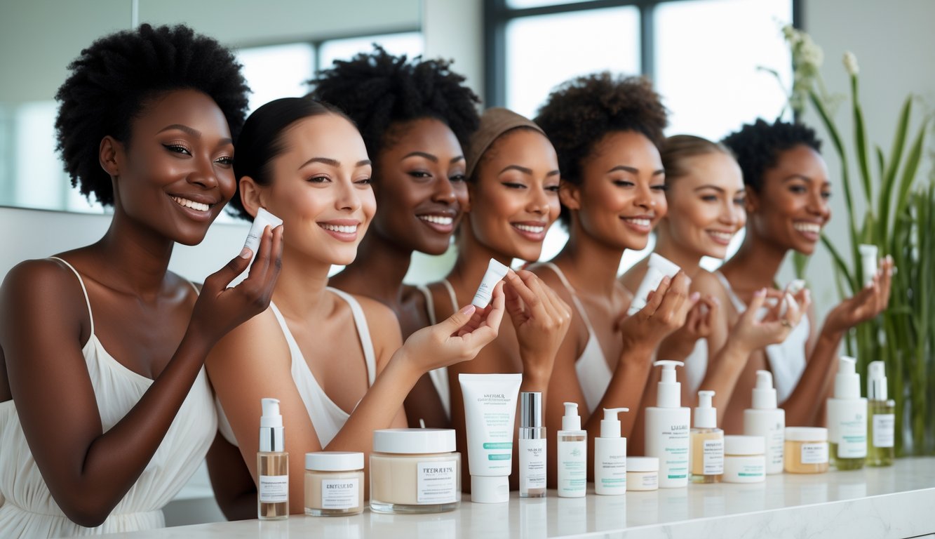 Beberapa wanita dengan berbagai jenis kulit sedang menggunakan produk perawatan kulit di kamar mandi yang bersih dan terang.