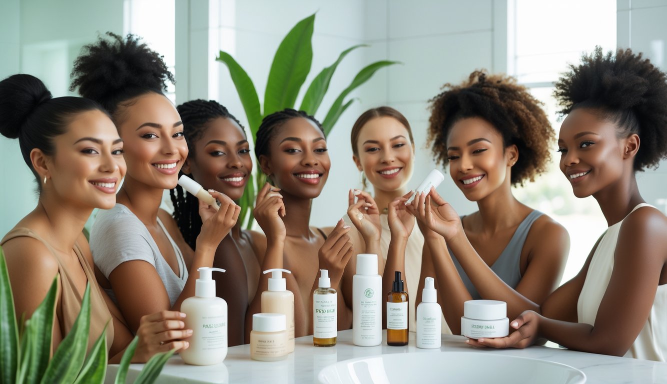 Sekelompok wanita dengan berbagai jenis dan warna kulit sedang menggunakan produk kosmetik alami di ruang rias yang terang dan bersih.